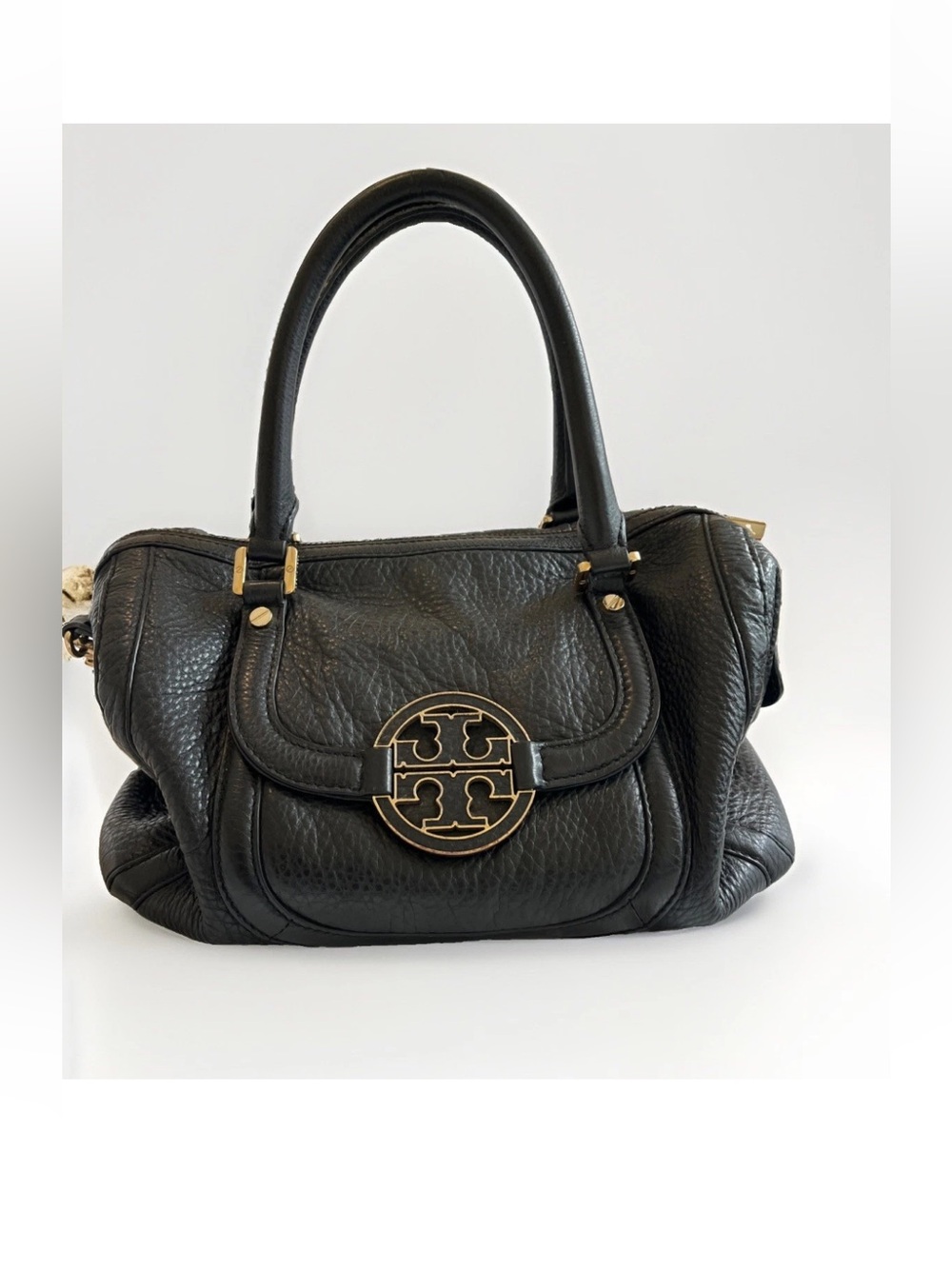 Tory Burch Amanda Midi Satchel Bag Black Pebbled Leather Handbag / Purse